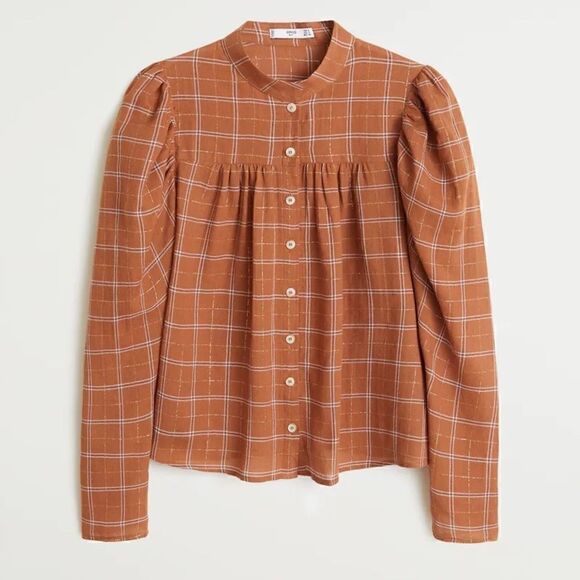 MANGO ORGANIC COTTON BLOUSE BROWN TAN CHECK PRINT GOLD METALLIC THREAD NWT SMALL - Picture 2 of 16